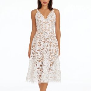 DRESS THE POPULATION NWT BLAIR WHITE NUDE LACE V NECK DRESS SZ XS